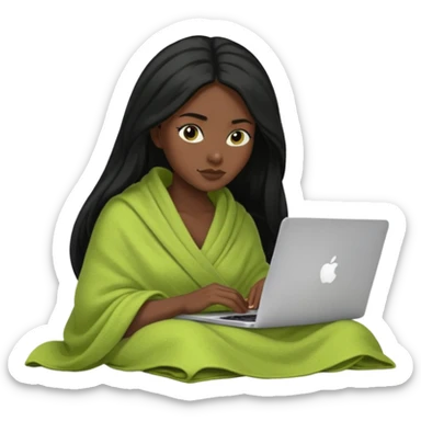 Black long hair and black skin woman inside a green pistachio color blanket working on her MacBook  sticker