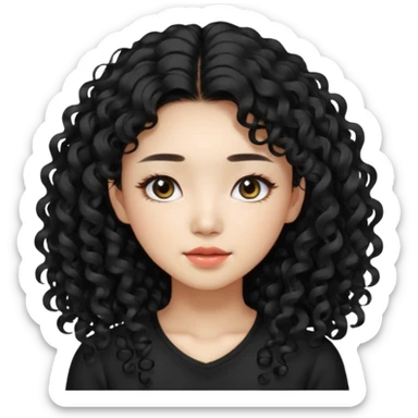 Korean woman with black cute long curly hair  with a black top with long lashes sticker