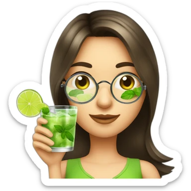 brunette girl with magnifying glass and mojito sticker