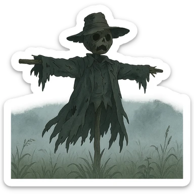 creepy scarecrow in a foggy field, tattered clothes, ominous presence sticker