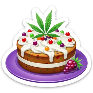 colorful frosted fruit cake with cannabis leaf on a plate sticker