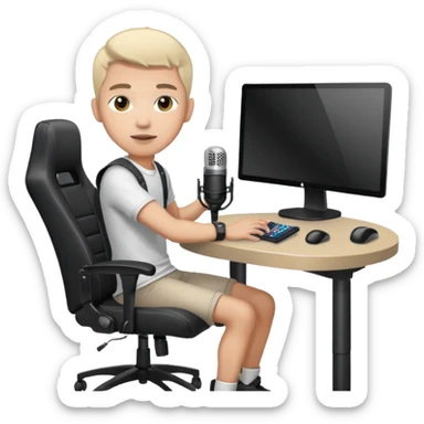 a setup of a youtuber, with a desktop pc on a table, a gaming chair, microphone, ring light sticker