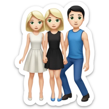 prince, black hair, blue eyes, garment,  woman, blonde Hair, green eyes, bending knee, sleveless white dress, sticker