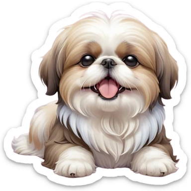 Cinematic Cute Yawning Shih Tzu Portrait Emoji, Head gently tilted with an irresistibly cute yawn and sleepy, half-closed eyes, showcasing a luxurious, fluffy fur in gentle pastel tones, simplified yet endearingly detailed, glowing with a soft, drowsy radiance, high shine, exuding tender, sleepy charm, styled with a delicate, soft glowing outline, capturing the essence of a Shih Tzu caught in a moment of adorable, sleepy bliss! sticker