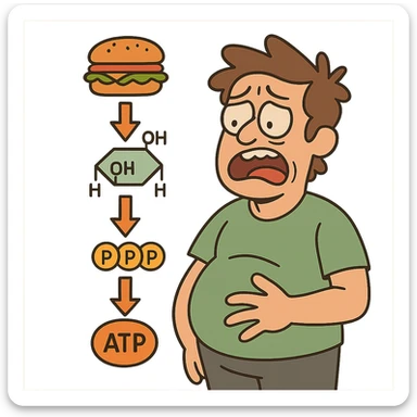 simplified metabolic pathway with arrows and molecule icons, bright colors, flat toon style sticker