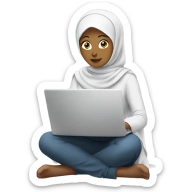 girl in hijab sitting at laptop with face sticker