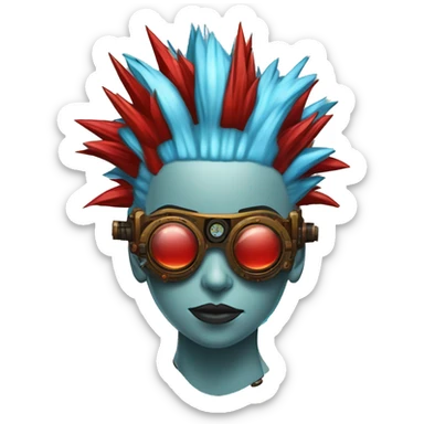 Light blue Mohawk hair female cyborg head with red steampunk goggles and circuits sticker