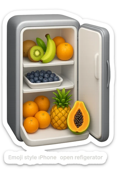 emoji stile iphone di un frigo aperto con dentro ben visibili questi alimenti: Kiwi
Banana acerba
Arance e mandarini
Mirtilli
Ananas
Papaya
IPERREALISTICO 4K sticker