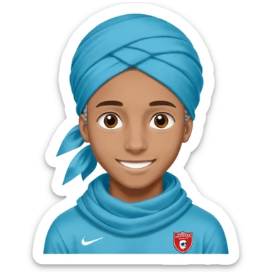 "- con trai
- 17 tuổi
- Da nâu
- Tóc con sâu châu phi, nhuộm xanh nước biển, đội khăn xanh nước biển
- Cười mỉm, mắt to
- Mặc áo bóng đá màu đỏ sticker