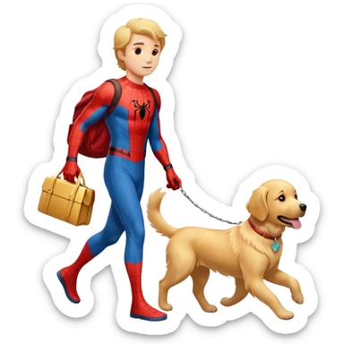 Spider-Man walking with a golden retriever sticker