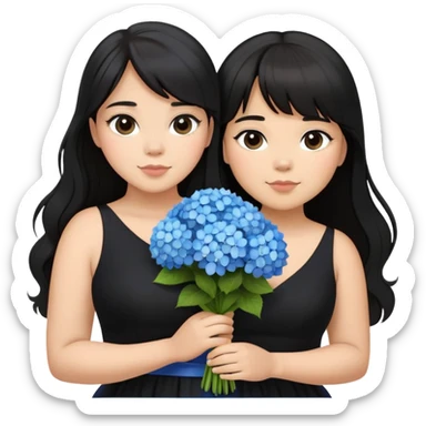 Latina girl with bangs black long hair in pony tail plus size black dress holding a blue bouquet of hydrangeas sticker