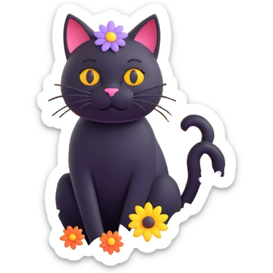 A black cat with a flower on its head in a field of flowers, different angle sticker