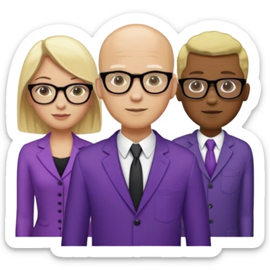 FIVE person team; 2 men and 3 women.  All dressed in yellow or purple.  Women have blonde and ash blonde hair.  1 man is black and bald, 1 man is caucasian and very little hair left.  All have glasses sticker