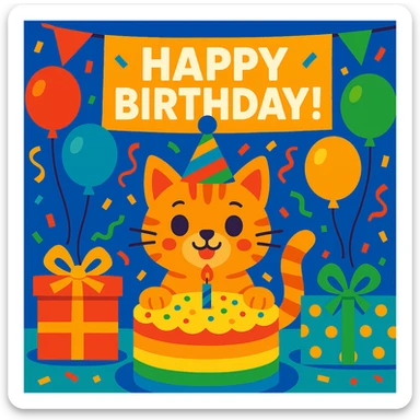 birthday party scene with rainbow balloons, multicolored decorations, confetti, large rainbow birthday cake, gifts, festive atmosphere, featuring a ginger tabby kitten wearing a birthday hat as the main character, with a prominent 'Happy Birthday!' message sticker
