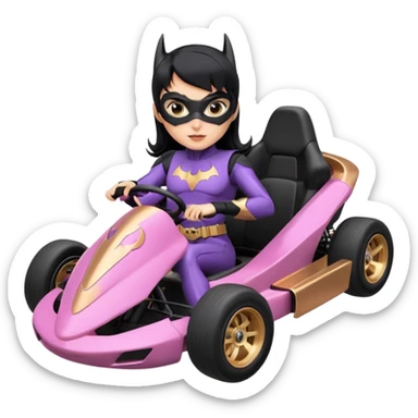 Hot full size real-appearance enclosed electric racing action BatGirl’s feminine midnight-colored tight outfit sixty’s tv show 1992 stealthy retro sporty safe plush petite off-road pursuit cruiser car rose gold accents (black hair,reclined and relaxed torso seating position) go kart  sticker