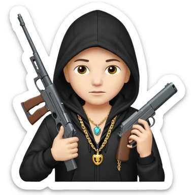 Chuky con pistola encapuchado y con collares sticker