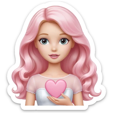 White Barbie girl with long wavy light hair holding pale pink heart  sticker