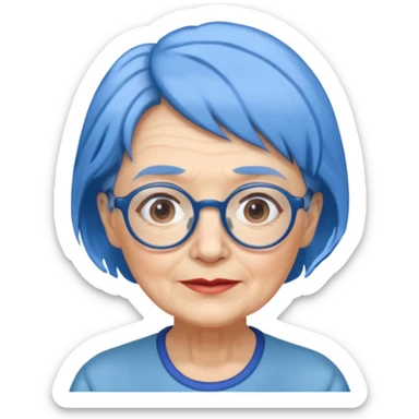 old lady with blue hair, wearing glasses, slight curl short hair sticker