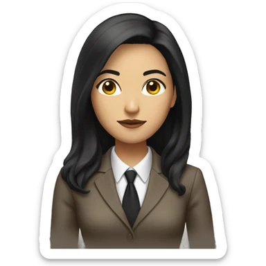 Female defense attorney with long black hair with brown suit sticker