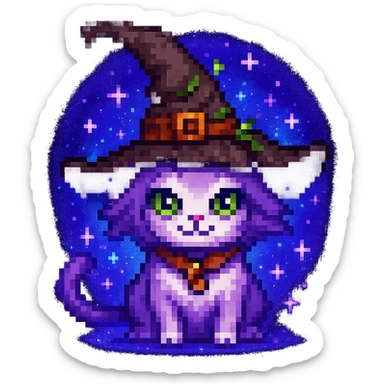 Add sparkles and a magical aura to the purple witch cat in pixel art style, keep the background transparent. sticker
