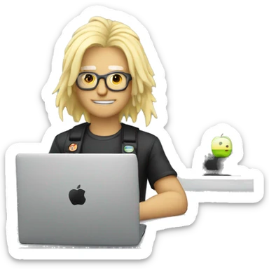 old punk software engineer with bleach blond hair and no glasses with german flag and apple laptop sticker