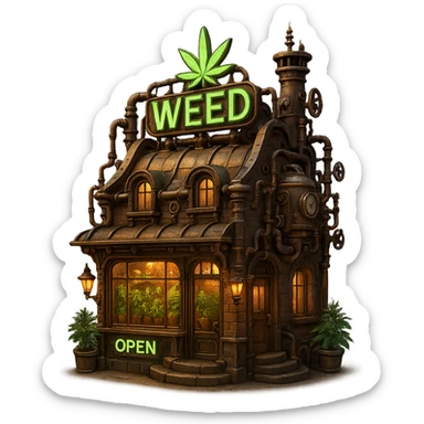 3D model of a weed store, steampunk style sticker