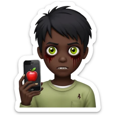 creepy boy zombie, human-like, black emo hair, black eyes, dark skin, Apple iPhone emoji style sticker