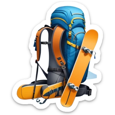 Icon for Mountain Tourism: a snow-covered peak in the distance, with skis, a snowboard, climbing gear, a backpack, and a camera. The icon should represent the adventure and exploration of mountain landscapes. Transparent background. sticker