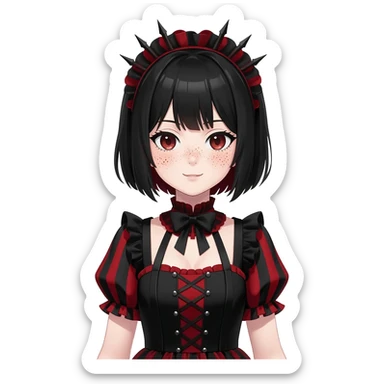 Gothic anime lady with short black hair, black and red Lolita dress, freckles, makeup sticker
