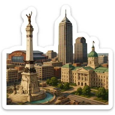cinematic realistic emoji of Indianapolis, wide city view with iconic landmarks including Soldiers and Sailors Monument, Lucas Oil Stadium, OneAmerica Tower, Indiana State Capitol, lifelike detail, accurate colors, bright daytime lighting, no sky, no clouds, fully transparent background sticker