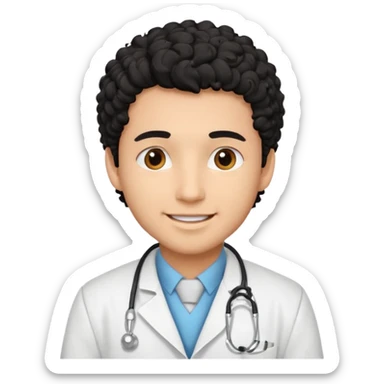 a young male doctor with black  curly hair and cheerful face sticker