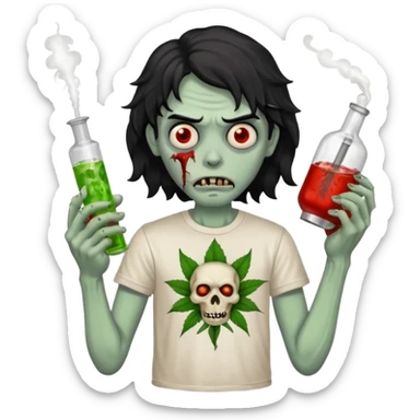 black wavy haired zombie getting stoned with weed t shirt and bong on his hand sticker