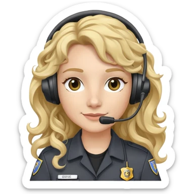 911 dispatcher dark gray uniform, long curly blonde hair, head set sticker