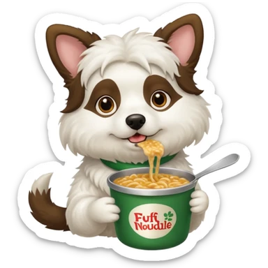 a brunette white wooly dog eating a pot noodle sticker