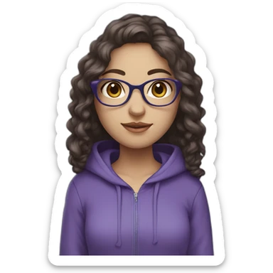 full length girl with glasses in a purple hoodie with big blue eyes and white skin and curly dark browny long hair sticker