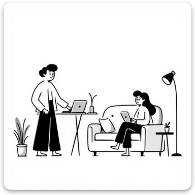 escenary 3d of a cozy mid-century living room with two people working on laptops, one man standing at a desk and one woman sitting on a couch, two walls and floor visible sticker