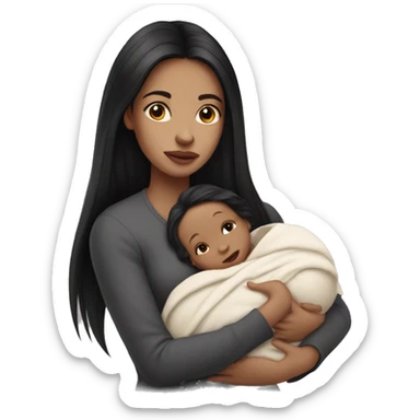 Pale girl with long black hair is holding a pale newborn baby sticker