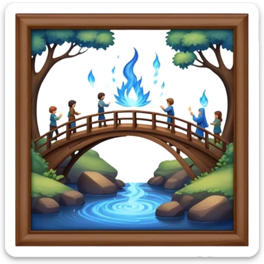 building a brown wood bridge, blue magic love people sticker