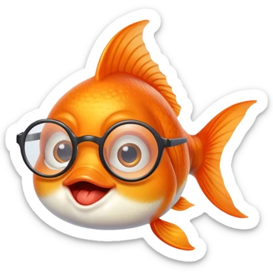 A goldfish with a silly facial expression wearing round eyeglasses perched on its face, comical look sticker