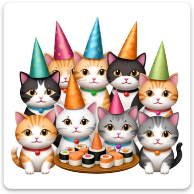 Nine cats eating sushi at a birthday party sticker