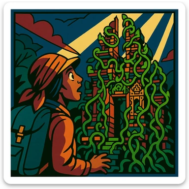 comic book panel 3: the nomad finds an ancient Balinese temple covered in vines, dramatic lighting, awe and wonder on their face, intricate details, comic book style sticker