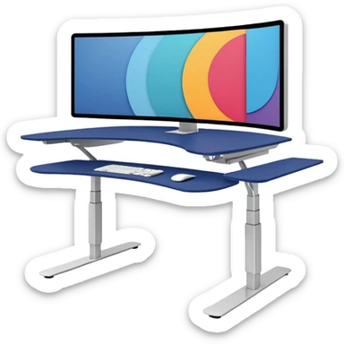 A height-adjustable office desk with a visible central lifting mechanism and a large flat monitor placed on top. The desk should look modern and minimal, symbolizing an ergonomic workstation. Rounded shapes, flat bright colors, consistent with standard emoji design. sticker