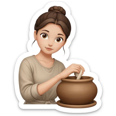 Brunette girl with a bun, behind the potter's wheel, wearing neutral clothing sticker