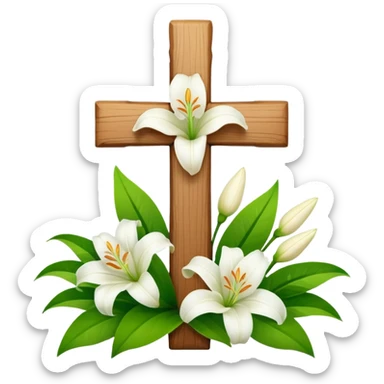 A wooden cross with white lilies around the bottom. sticker