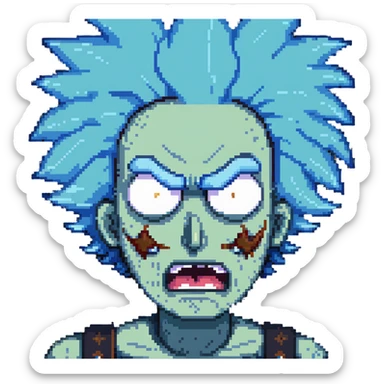 Rick from Rick and Morty with angry expression, wild blue hair, furious face sticker