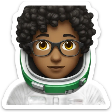 Boy with black short curly hear and glasses wearing a white astronaut suit with the saudi flag sticker