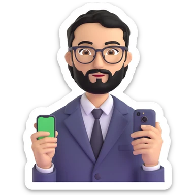 same professional man with medium black beard, neat black hair, connected unibrow, olive tan skin, brown eyes, glasses, prominent nose, dressed in formal black jacket, with mobile phone sticker