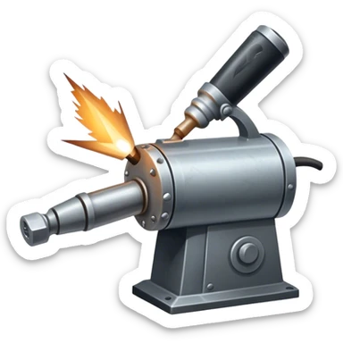 Metalworking icon, piece of metal being hammered, welding torch, metalworking tools like grinder, anvil, sparks flying, minimalistic style, clean lines, transparent background. sticker