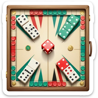 A photorealistic icon featuring a backgammon board with dice, a Monopoly board with money and property cards and a Game of Life spinner. The design captures the detailed textures of the boards, pieces, and accessories. Transparent background. sticker