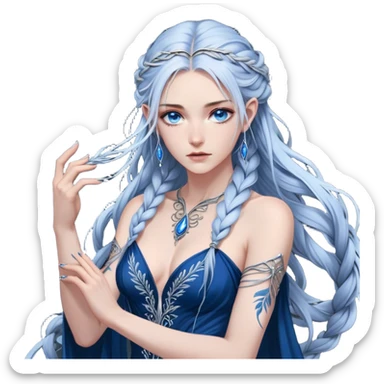 A cold and formidable female Fae with piercing steel-blue eyes, her gaze sharp enough to cut. Her long, silver-streaked hair is swept into a loose yet elegant braid. Dressed in a dark, form-fitting gown with intricate silver embroidery, she exudes an aura of untouchable power. Her fingers rest lightly on the hilt of an obsidian dagger, the only outward sign of the warrior within sticker